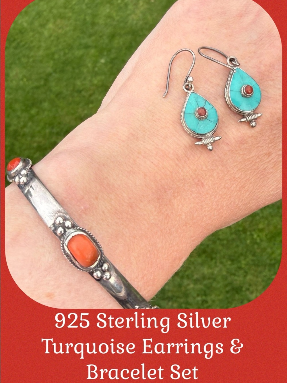 925 Sterling Silver Turquoise Earrings & Bracelet Set